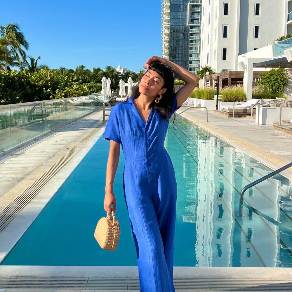 Blue Short-Sleeve V-Neck Jumpsuit